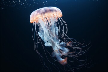 Closeup of a jellyfish swimming underwater in the deep ocean
