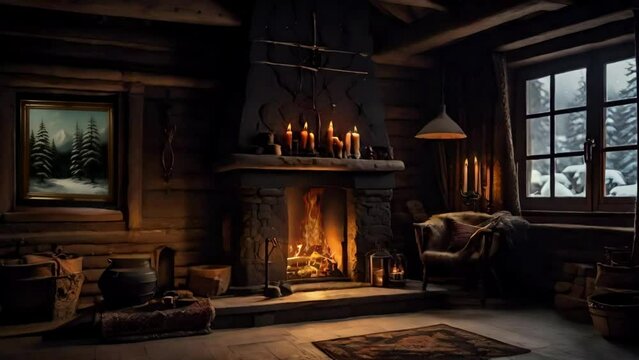 Chalet ambience with fireplace and snowstorm on the window.  You can use the video as a looping by adding it one after the other. It is in the form of an endless looping