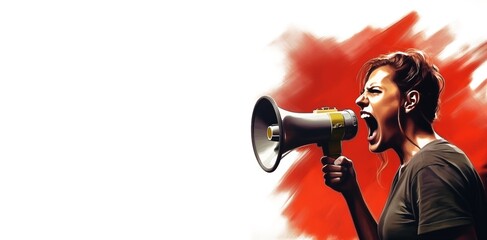 Side profile view of a white Caucasian woman shouting through a loudspeaker with red graphic design isolated against pure white background - Generative AI - advertising poster for broadcast text