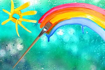painting rainbow, sun on glass, brush, rain outside window, creative development, happy childhood,...