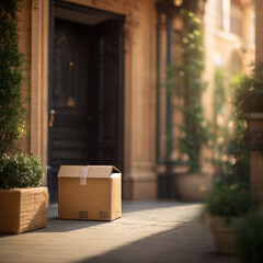 boxes in the street, Cardboard box outside near entrance door, parcel , post with copy space, perfect composition, beautiful intricate insanely detailed, AI generated