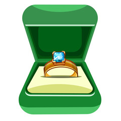 Ring with a stone in a green box.