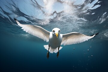 Closeup of a bird diving in the water to hunt fish