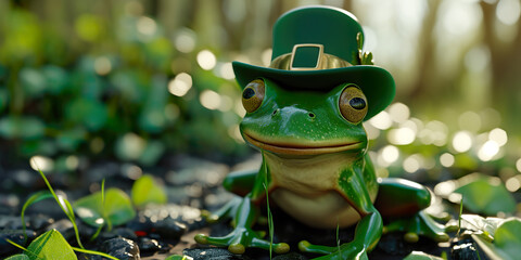 3D illustration of frog with Irish hat - obrazy, fototapety, plakaty