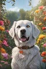 Joyful dog with butterfly in a floral garden