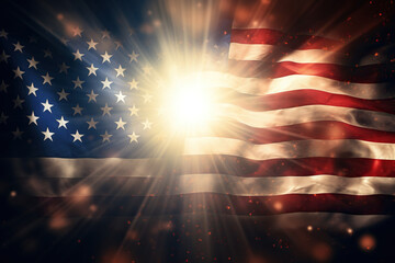 US flag close-up in bright golden rays. Generative AI