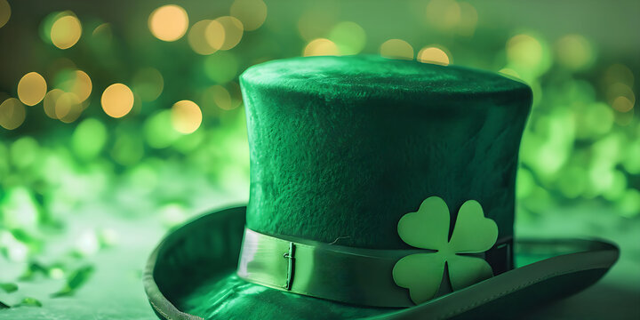 Leprechaun hat with bokeh lights green and yellow background, St. Patrick's Day