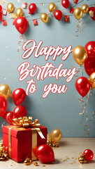 happy birthday greeting card with red balloon and gift boxs