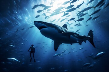 Obraz premium A scuba diver swimming around shark and smaller fishes