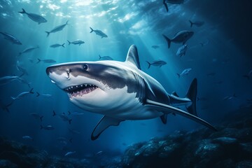 Fototapeta premium A scuba diver swimming with a shark