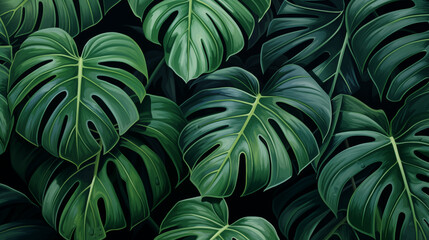 monstera philodendron green leaves wallpaper background drawing painting texture exotic tropical shiny pattern rainforest dark jungle design for fabric paper notebook covers plant illustration - obrazy, fototapety, plakaty