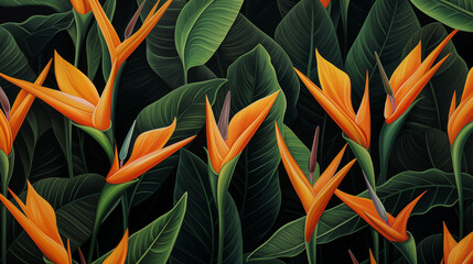 Obrazy  wallpaper with strelitzia bird of paradise flowers and green leaves orange yellow petals background drawing painting texture exotic tropical plants pattern rainforest jungle design fabric illustration
