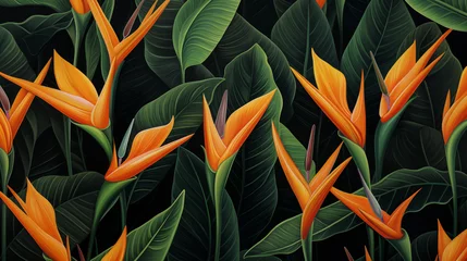 Foto op Canvas wallpaper with strelitzia bird of paradise flowers and green leaves orange yellow petals background drawing painting texture exotic tropical plants pattern rainforest jungle design fabric illustration © Oliver Evans Studio