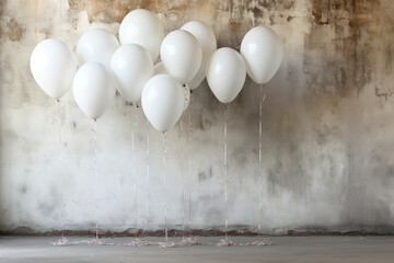 White balloons against the background of an old shabby wall. Generated by artificial intelligence