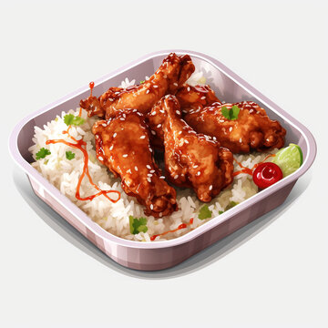 Box of spicey chicken with rice isolated on transparent background created with Generative Ai