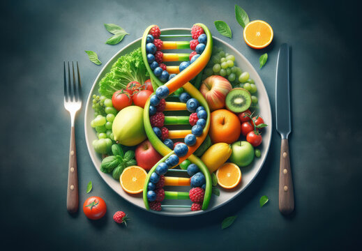 GMO food and Genetically modified crops or engineered agriculture concepts fruit and vegetables as a DNA strand