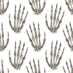 Seamless pattern of human bones. Hand bone. The day of the Dead. Halloween watercolor illustration for background design, packaging, textile