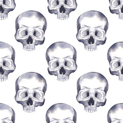 Seamless pattern of human skull. Human bone. The day of the Dead. Halloween watercolor illustration for background design, packaging, textile
