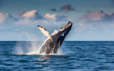 Magnificent humpback whale in an upright position with splashes jumped to the surface close-up against the background of clouds