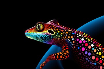 A colorful neon lizard isolated on a black background