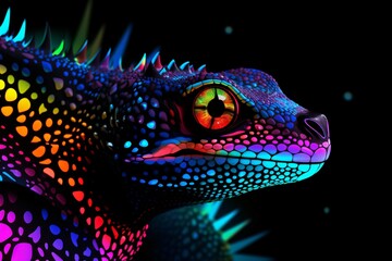 A colorful neon lizard isolated on a black background