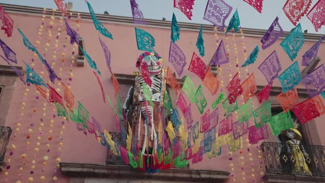 San Miguel de Allende, Mexico - Colorful Papel Picados, Skeletons and Skulls Display The Streets during Day of The Dead Dia de Los Muertos Festival