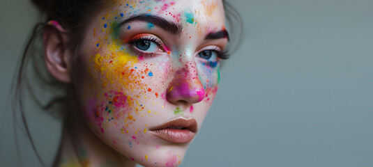 Fashion Concept. Closeup portrait of girl in colourful splatter smear dust paint art. illuminated with dynamic composition light. sensual, natural, advertisement, copy space