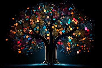Graphic illustration of the tree of life glowing in different colors and on a black background
