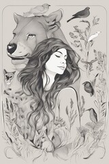 Fototapeta premium Dreamy woman with lion and birds in nature sketch
