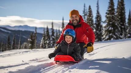 Fototapeta na wymiar A heartwarming winter scene capturing the joyous bond between a parent and child, gleefully sledding together in the snow. A festive moment of family fun and winter delight