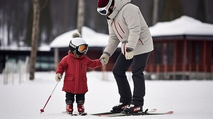Pure joy and winter fun captured in a delightful image of a father and child joyfully skiing outdoors. A heartwarming portrayal of winter delights