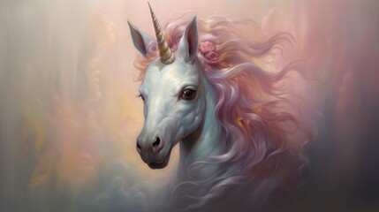 Naklejka na ściany i meble Illustration of a baby unicorn with mane and horn in pastel colors generative ai