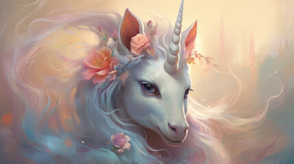 Illustration of a baby unicorn with mane and horn in pastel colors generative ai - obrazy, fototapety, plakaty