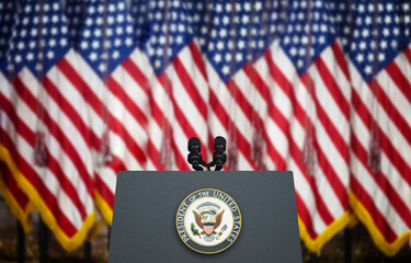 Empty Tribune for Speeches American President Against the American Flags Background.