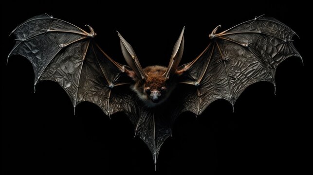 A bat with spread wings in darkness, showcasing the detailed texture of its skin generative ai