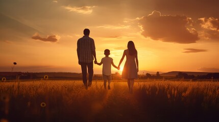 Fototapeta na wymiar Happy family father, mother and little son are in a wheat field, holding hands. Silhouette of a man, woman and child at sunset.