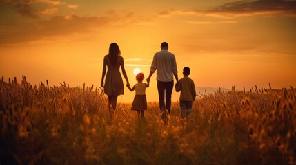 Family with children sons silhouettes walks joining hands along shadowed field at back setting sun in summer under blue sky backside view, sunlight.