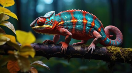 Fototapeta premium A chameleon on a branch with vivid colors seamlessly blending with its surroundings generative ai