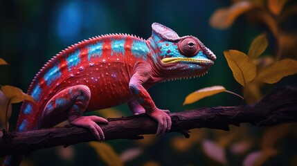 A chameleon on a branch with vivid colors seamlessly blending with its surroundings generative ai