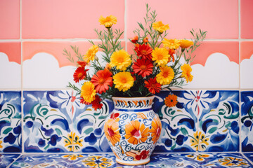 Multicolored bright patterned ceramic tiles and vase with flowers. Generative AI