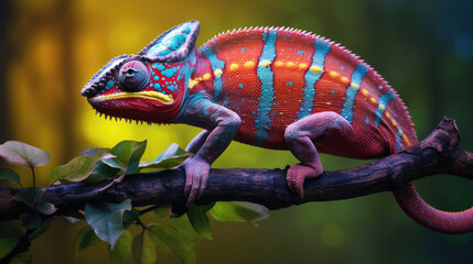 A chameleon on a branch with vivid colors seamlessly blending with its surroundings generative ai