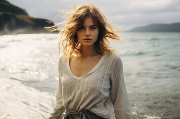 a woman standing on a beach with her hair blowing in the wind
