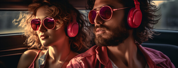 a man and a woman wearing headphones and sunglasses - obrazy, fototapety, plakaty