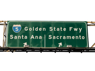 Interstate 5 Golden State Freeway sign to Santa Ana or Sacramento in Los Angeles California. ...
