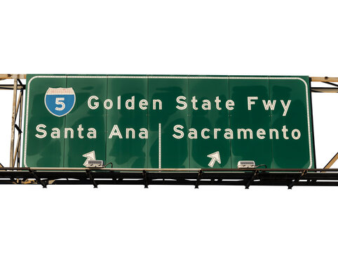 Interstate 5 Golden State Freeway sign to Santa Ana or Sacramento in Los Angeles California.  Background cut out.