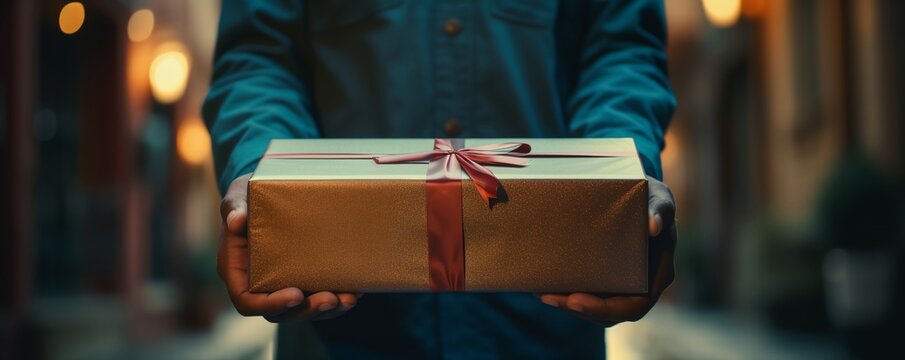 A Person Holding A Wrapped Present In Their Hands With A String Of Lights In The Background