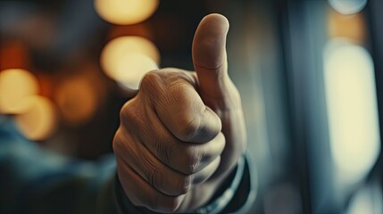 Close-up of a man's hand showing thumbs up gesture - obrazy, fototapety, plakaty