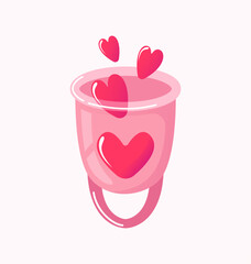 Menstrual cup. Hearts, Self-love, wellnes. Hygienic product. Women Health. Reasonable consumption. Reduce waste. Eco-friendly, reusable. Female reproductive system, cycle. Vector, cartoon style. - obrazy, fototapety, plakaty