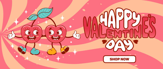 Horizontal banner for Valentines Day. A couple of cherries in love dance and smile. Funny cute characters with faces. Comic elements in trendy old retro cartoon style. For advertising, poster, flyer