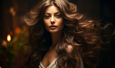 Fototapeta premium Ethereal Beauty with Flowing Dark Hair in Softly Lit Portrait Emphasizing Natural Elegance and Femininity